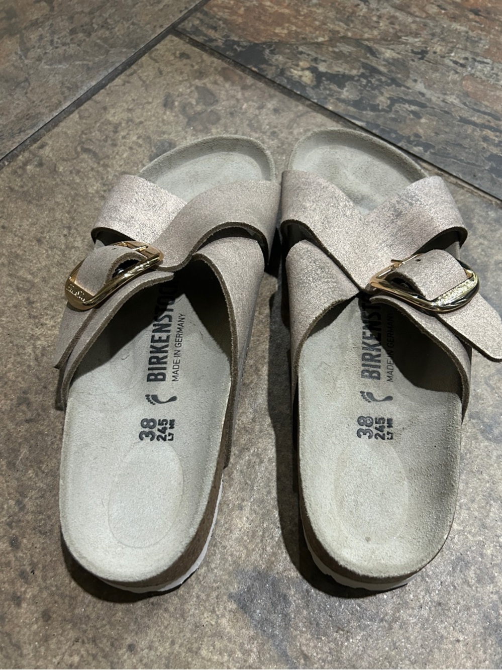 Birkenstock Women's Taupe Suede Sandals with Gold Buckles